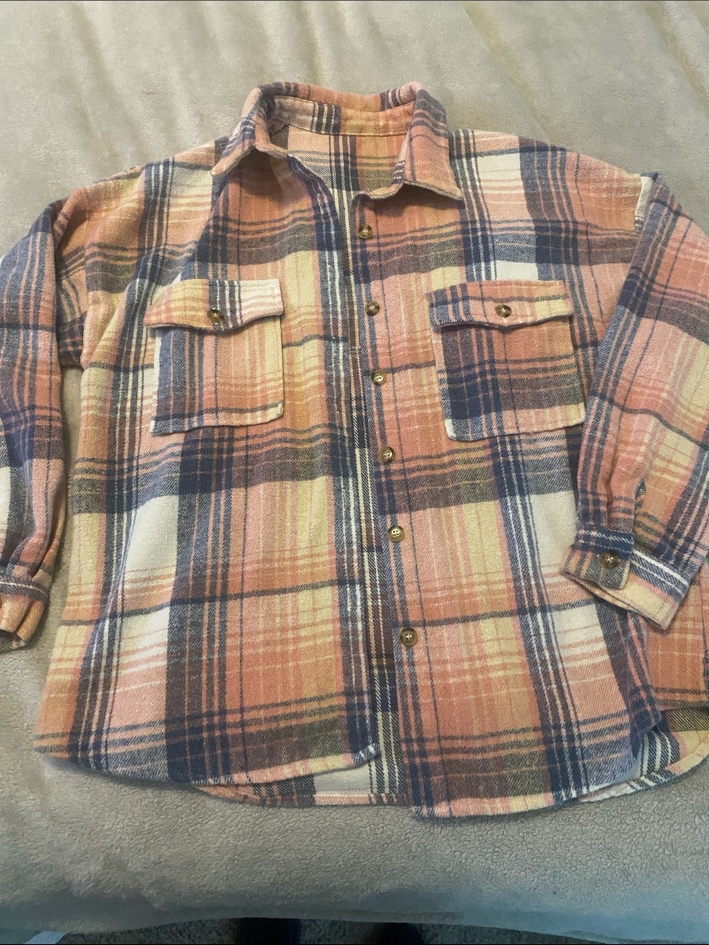Plaid Button-Up Flannel Shacket in Peach and Navy